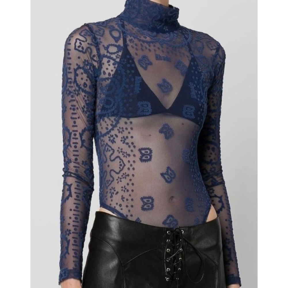 RHUDE‎ Tulle Bodysuit Navy Blue Bandana Mesh Long-Sleeve